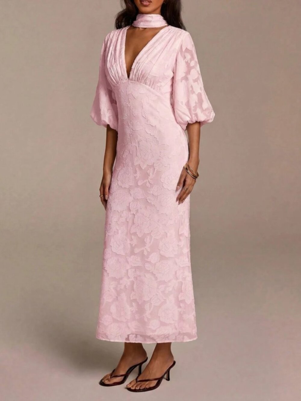 Blush Pink Floral Jacquard Maxi Dress with Choker Neck